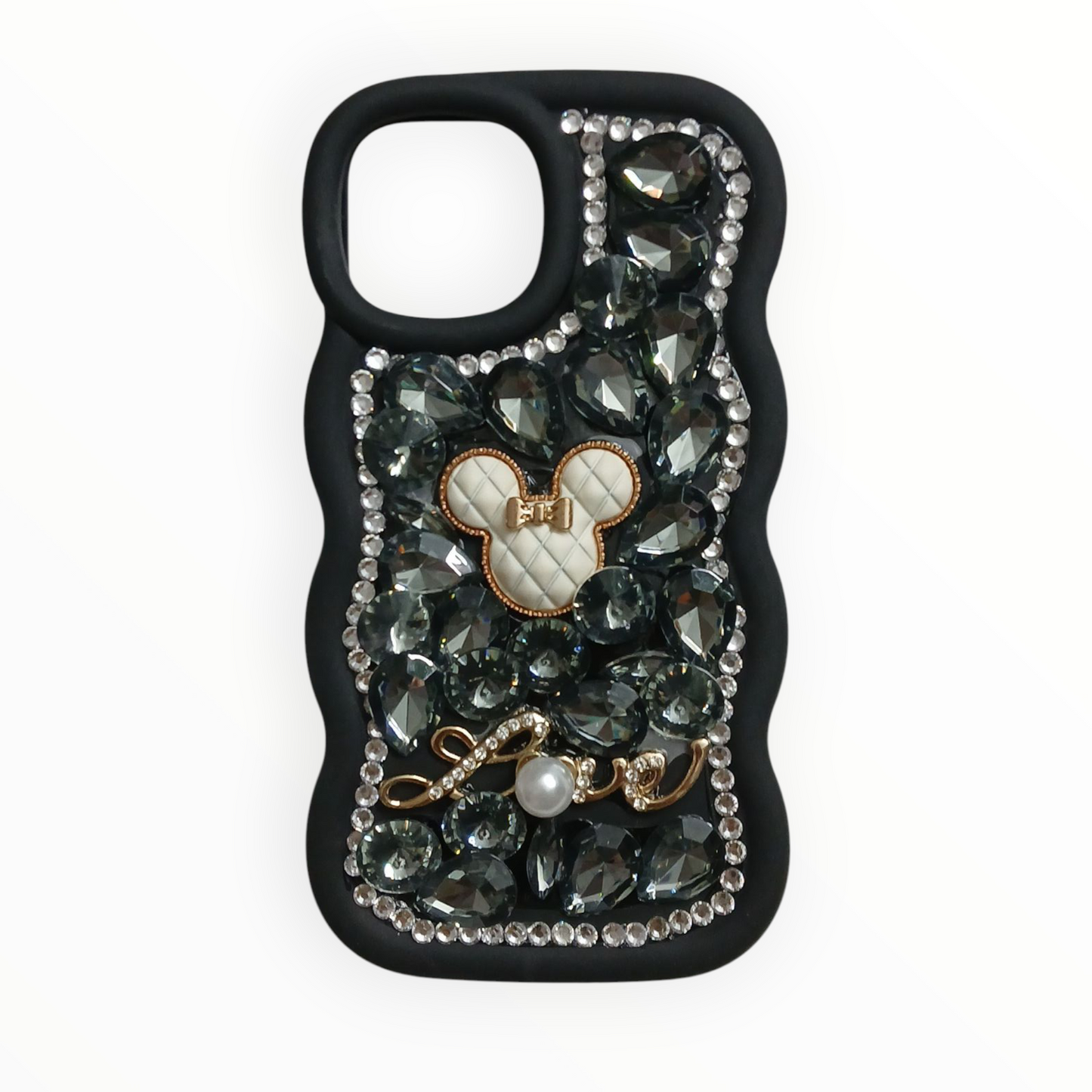 Luxury Crystal iPhone 11 Pro Case – Jeweled Minnie Design with Pearl & Bow Accents (Purple, Black, Pink)